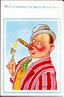 Comic postcard, Man lighting cigar with one pound note Date: 20th century Comic postcard, Man lighting cigar with one pound note Date: 20th century