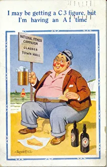 Comic postcard, Man with a pint of beer on the beach Comic postcard, Man with a pint of beer on the beach
