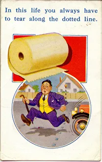 Comic postcard, Man rushing to find a toilet Date: 20th century Comic postcard, Man rushing to find a toilet Date: 20th century