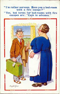 Comic postcard, Man and seaside landlady Date: 20th century Comic postcard, Man and seaside landlady Date: 20th century