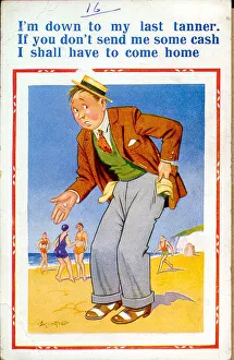 Comic postcard, Man short of money at the seaside Date: 20th century Comic postcard, Man short of money at the seaside Date: 20th century