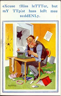 Comic postcard, Man trying to type a letter Comic postcard, Man trying to type a letter