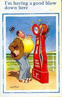 Comic postcard, Man uses lung testing machine at the seaside Date: 20th century Comic postcard, Man uses lung testing machine at the seaside Date: 20th century