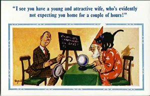 Comic postcard, Man visits fortune teller Date: 20th century Comic postcard, Man visits fortune teller Date: 20th century