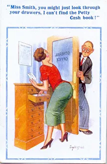 Comic postcard, Man and woman in office Date: 20th century Comic postcard, Man and woman in office Date: 20th century