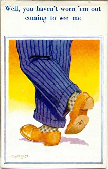 Comic postcard, Man's feet in worn shoes Comic postcard, Man's feet in worn shoes