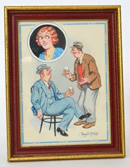 Comic postcard, Two men chatting about a pretty young woman over a glass of beer Date Comic postcard, Two men chatting about a pretty young woman over a glass of beer Date