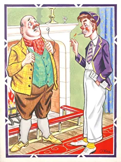 Comic postcard, Middle aged man chatting with a schoolboy or young university student Comic postcard, Middle aged man chatting with a schoolboy or young university student