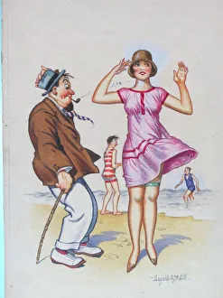 Comic postcard, Older man with pretty woman on the beach Comic postcard, Older man with pretty woman on the beach