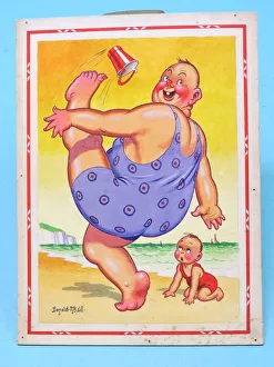 Comic postcard, Plump man on the beach Comic postcard, Plump man on the beach