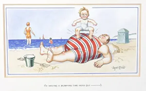 Comic postcard, Plump man and boy on the beach Comic postcard, Plump man and boy on the beach