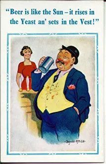 Comic postcard, Plump man drinking in pub Date: 20th century Comic postcard, Plump man drinking in pub Date: 20th century