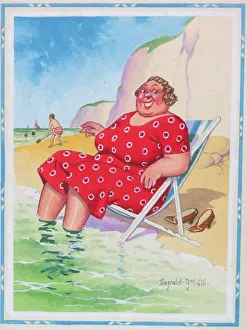 Comic postcard, Plump woman in a deckchair. Come down here and soak your corns with mine Comic postcard, Plump woman in a deckchair. Come down here and soak your corns with mine