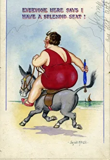 Comic postcard, Plump woman riding a donkey on the beach Date: 20th century Comic postcard, Plump woman riding a donkey on the beach Date: 20th century
