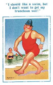 Comic postcard, policeman on the beach Date: 20th century Comic postcard, policeman on the beach Date: 20th century