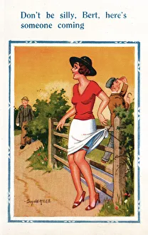 Comic postcard, Pretty young woman, someone coming Date: 20th century Comic postcard, Pretty young woman, someone coming Date: 20th century