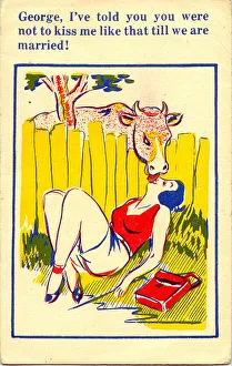 Comic postcard, Pretty young woman and cow Date: 20th century Comic postcard, Pretty young woman and cow Date: 20th century