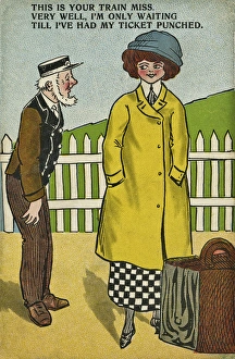 Comic postcard, railway station platform Comic postcard, railway station platform