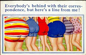 Comic postcard, A row of six bottoms in swimsuits at the seaside Date: 20th century Comic postcard, A row of six bottoms in swimsuits at the seaside Date: 20th century