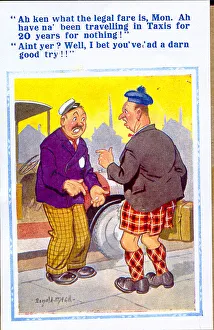 Comic postcard, Scotsman and taxi driver Date: 20th century Comic postcard, Scotsman and taxi driver Date: 20th century