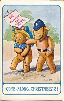 Comic postcard, Teddy bear suffragette and policeman Comic postcard, Teddy bear suffragette and policeman