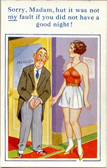 Comic postcard, Woman complains to hotel manager Date: 20th century Comic postcard, Woman complains to hotel manager Date: 20th century