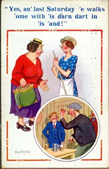 Comic postcard, Woman complains about husband Date: 20th century Comic postcard, Woman complains about husband Date: 20th century