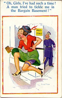 Comic postcard, Woman escaping from department store Date: 20th century Comic postcard, Woman escaping from department store Date: 20th century