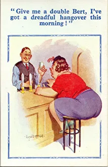 Comic postcard, Woman with hangover in a pub Date: 20th century Comic postcard, Woman with hangover in a pub Date: 20th century