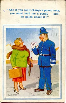 Comic postcard, Woman looking for nearest toilet Comic postcard, Woman looking for nearest toilet