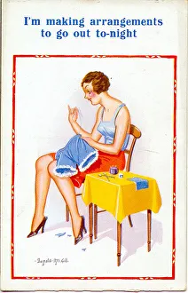 Comic postcard, woman sewing underwear Date: 20th century Comic postcard, woman sewing underwear Date: 20th century