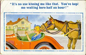 Comic postcard, Woman waiting in a car - and a horse! Date: 20th century Comic postcard, Woman waiting in a car - and a horse! Date: 20th century