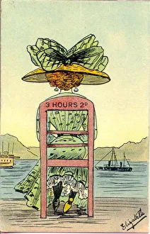 Comic postcard, Woman watching ships sail by - 3 hours 2d Date: early 20th century Comic postcard, Woman watching ships sail by - 3 hours 2d Date: early 20th century