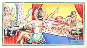 Comic postcard, Two women chatting in a bedroom Date: 20th century Comic postcard, Two women chatting in a bedroom Date: 20th century