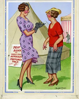 Comic postcard, Two women at a fairground, near the fortune teller's tent Date Comic postcard, Two women at a fairground, near the fortune teller's tent Date