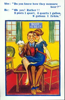 Comic postcard, Young couple in a pub Date: 20th century Comic postcard, Young couple in a pub Date: 20th century