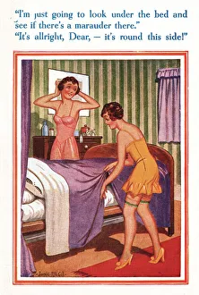 Comic postcard, Two young women in bedroom Comic postcard, Two young women in bedroom