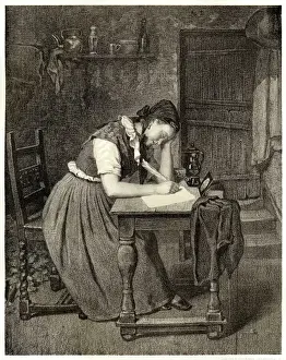 A Swedish peasant woman writing with a quill Print