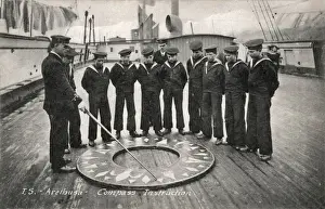 Prints of A group of boys aboard the Training Ship Arethusa receiving compass instruction. The ship received boys aged 13-16 from a variety of poor backgrounds, including the workhouse Kent Prints: Compass Drill on Training Ship Arethusa Print, 19th Century