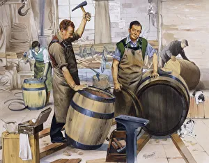 Coopers at work making wooden barrels Coopers at work making wooden barrels