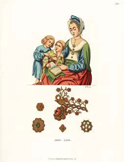 Costume of a German woman and children, late 15th century Costume of a German woman and children, late 15th century
