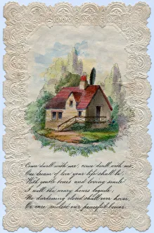 Country cottage and verse on a romantic greetings card Country cottage and verse on a romantic greetings card