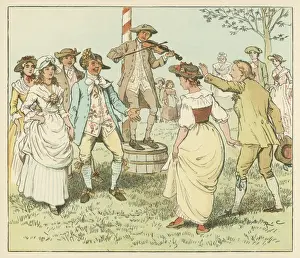 Prints of ENGLAND Couples country dancing on the village green accompanied by a fiddler Dance Prints: Country Dance Print: Village Green Scene with Fiddler