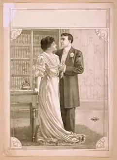 Couple Embracing Prints: Couple embracing in library
