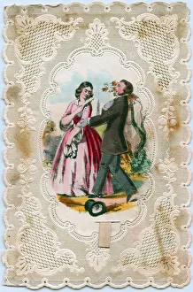 Couple on a paper lace romantic card with pull tab Couple on a paper lace romantic card with pull tab
