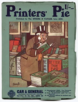 Front cover of Printers Pie magazine for 1915 featuring an elderly gentleman reading a Front cover of Printers Pie magazine for 1915 featuring an elderly gentleman reading a