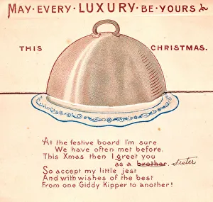 Covered dish with comic verse on a Christmas card Covered dish with comic verse on a Christmas card
