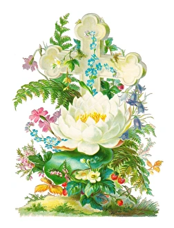 Cross with assorted flowers on a Victorian scrap Cross with assorted flowers on a Victorian scrap