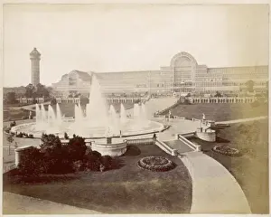 Prints of An exterior view of the Crystal Palace at Sydenham with a large fountain in the foreground Crystal Palace Prints: Crystal Palace Print: Exterior View with Fountain