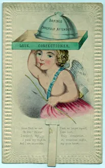 Cupid with baking tray on a Valentine card Cupid with baking tray on a Valentine card